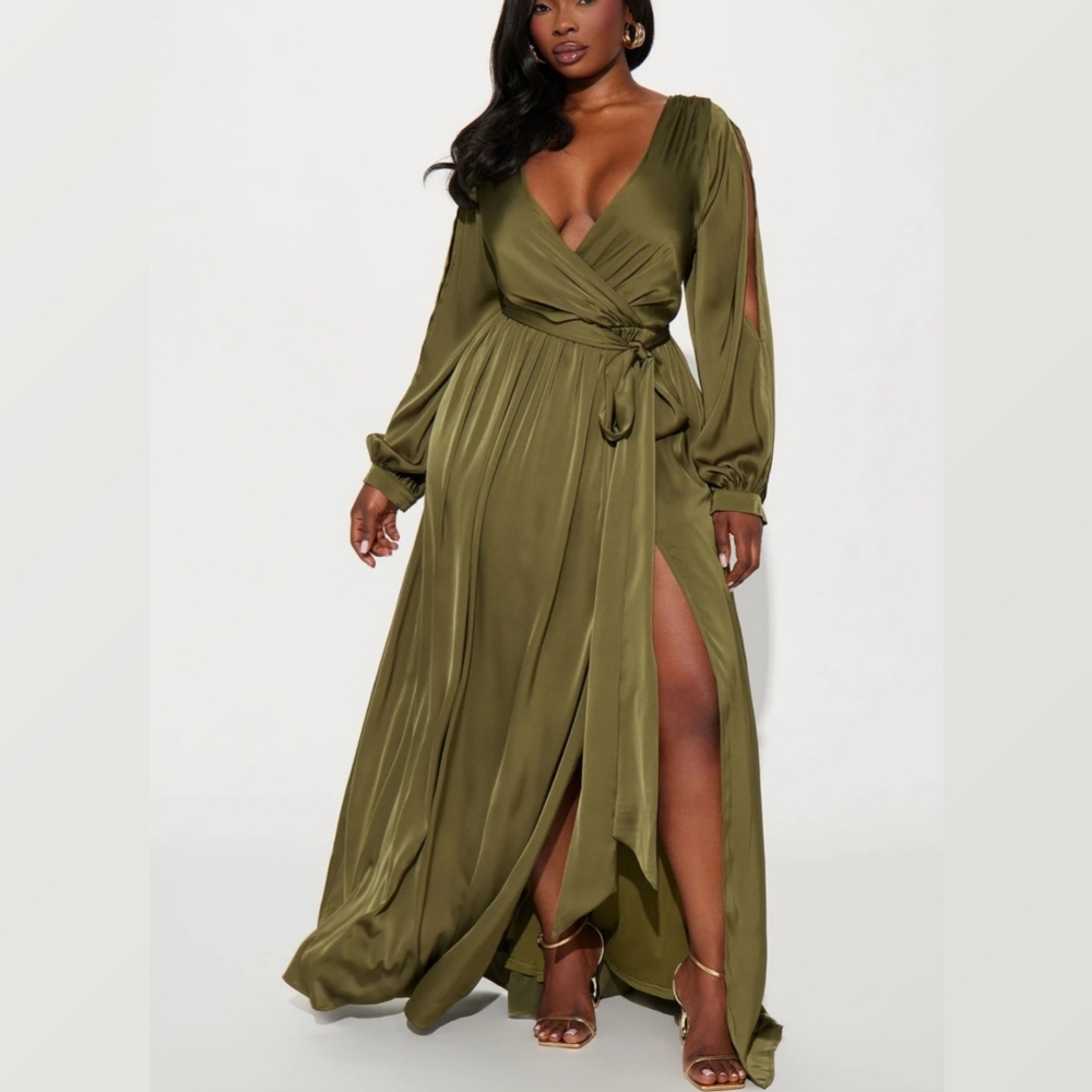 Fashion Nova Olive Green Long Sleeve Wrap Maxi Dress